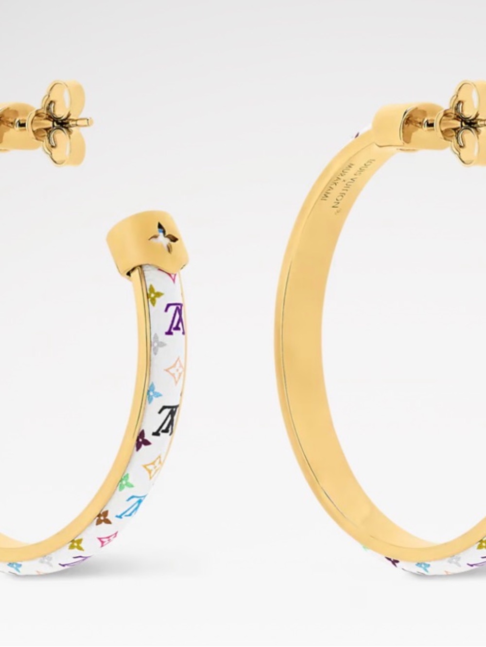 Louis Vuitton White Multicolor Monogram Gold-Trim Hoop Earrings with box - Picture 3 of 6